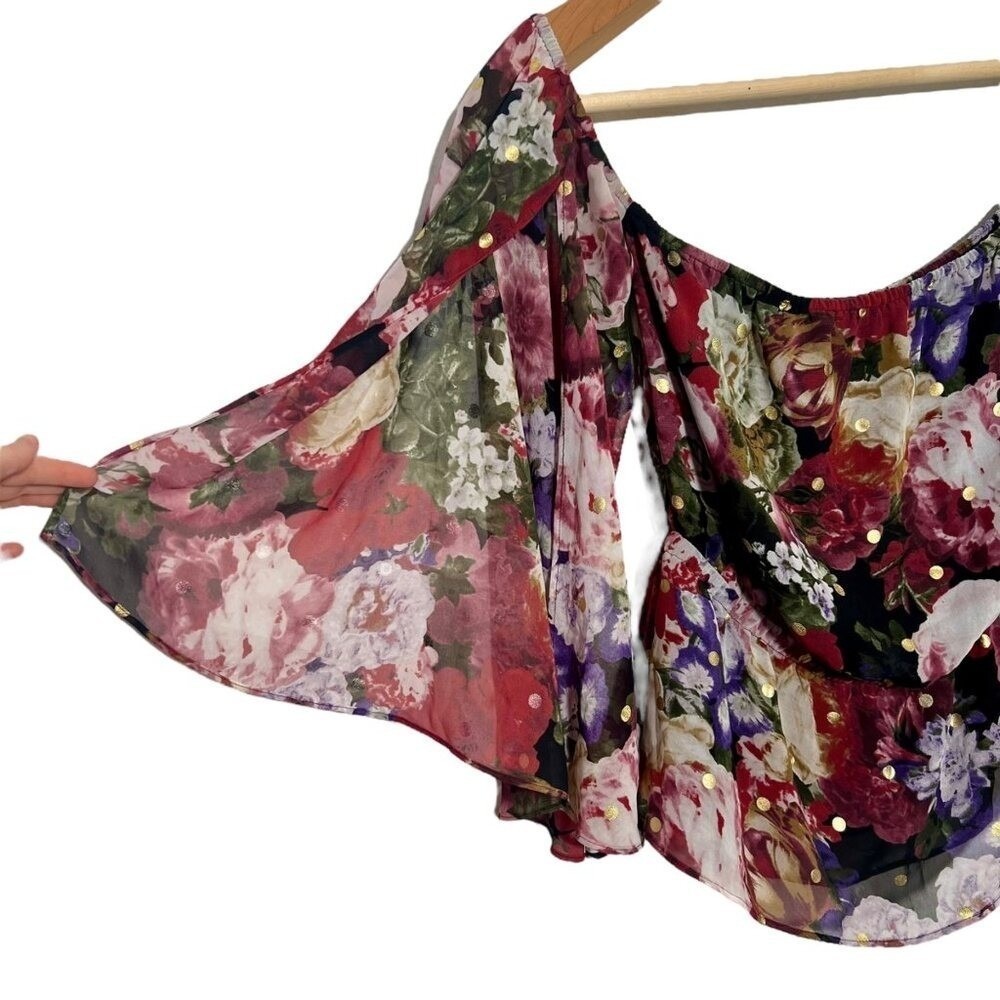 ☘️5/$25 Express Floral Flare Sleeve Top Gold Polka Dot Y2K Chiffon Blouse Small